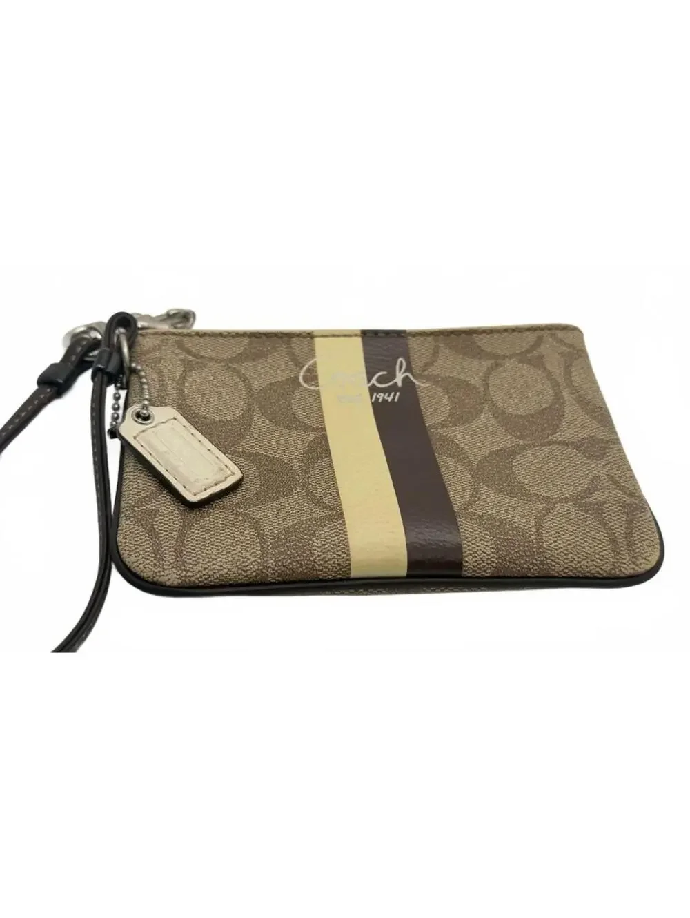 Coach Corner Zip Wristlet Signature Canvas with Stripe Tan/Brown